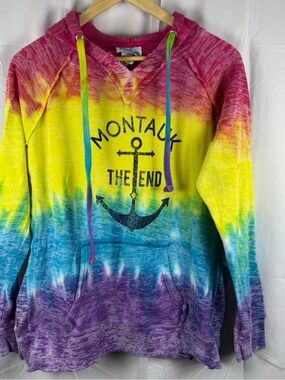 Montauk The End Rainbow Tie Dye Hoodie Pullover XXL Beach Graphic